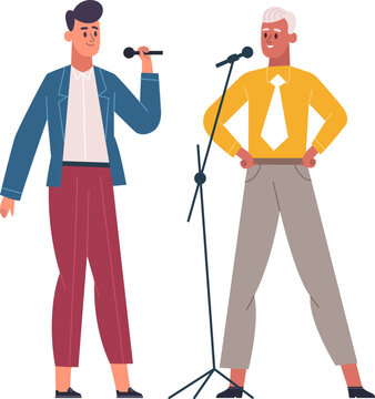 Two male singers performing a duet on stage during a musical concert