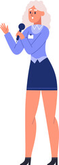 Fototapeta premium Woman presenter communicating using a microphone and hand gesture