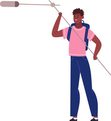 Young man operating a boom mic for film production or podcasting © WinWin