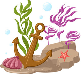 Underwater world showing a metal anchor, seashells, starfish, and seaweed on the ocean floor © WinWin