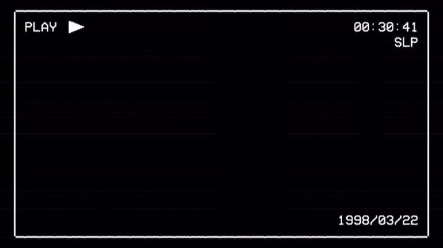 Analog VHS playback frame with visible border, play indicator, subtle glitch noise for overlay. Retro camcorder playback frame with analog noise for filming and media. 4K video