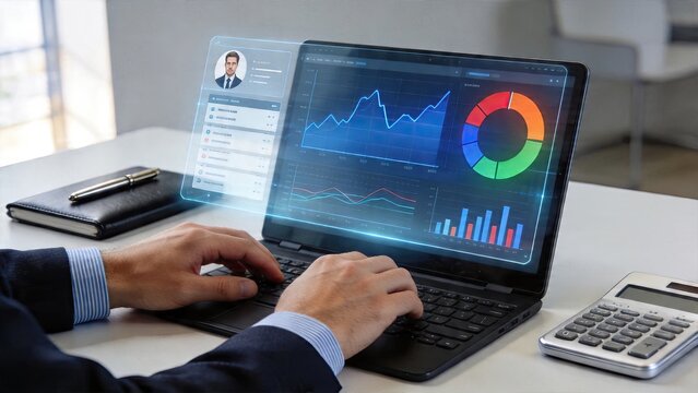 Businessman typing on laptop with augmented reality hologram interface showing financial analytics data visualization charts graphs pie chart performance indicators and customer