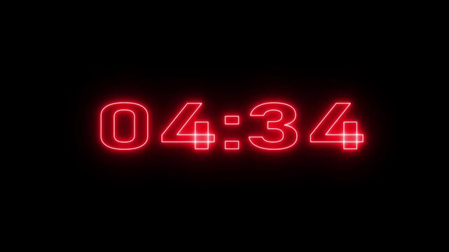 A wonderful glowing red neon line colors countdown animation,5 minutes to 0 minutes. Abstract 5 minute countdown,number,stopwatch,clock animation with normal text on black background.