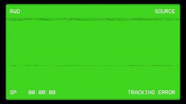 Analog VHS rewind screen with tracking error, subtle glitch noise, distortion for overlay. Vintage VHS tracking error screen with frame and glitch effect. Camcorder tracking error playback screen. 4K