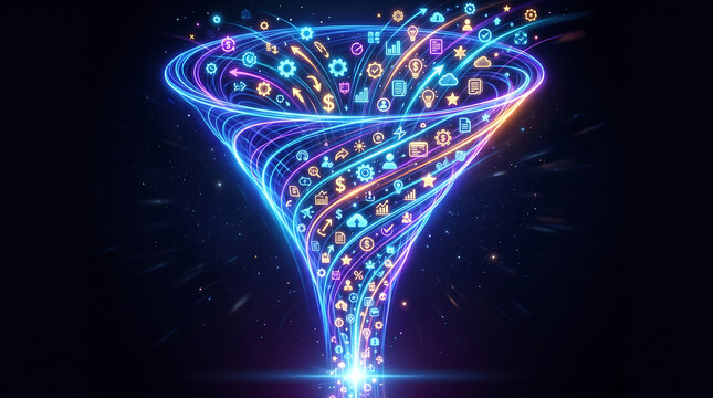Digital data funnel visualization with glowing neon icons flowing into a central point against a dark background representing modern business analytics concepts