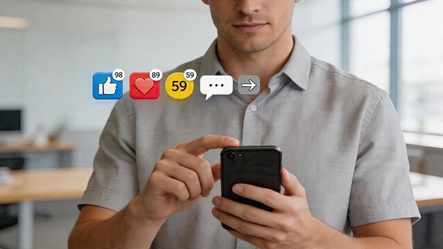 Businessman tapping smartphone screen in modern office receiving likes and comments on social media interaction with mobile app user interface positive feedback notifications