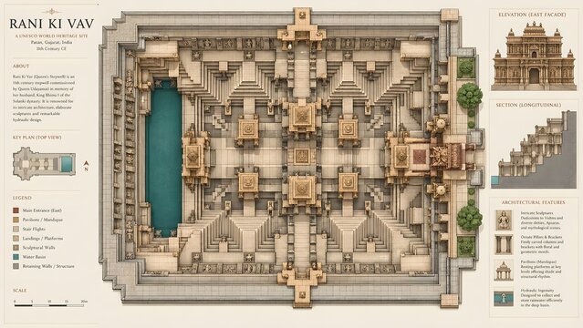 Detailed architectural technical diagram showcasing the intricate floor plan and cross section views of the historic Rani ki Vav stepwell in India