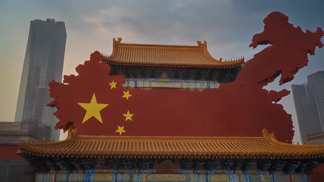 A vibrant mural depicting the flag of China is integrated with traditional architecture and a modern skyscraper, showcasing a blend of heritage and progress.