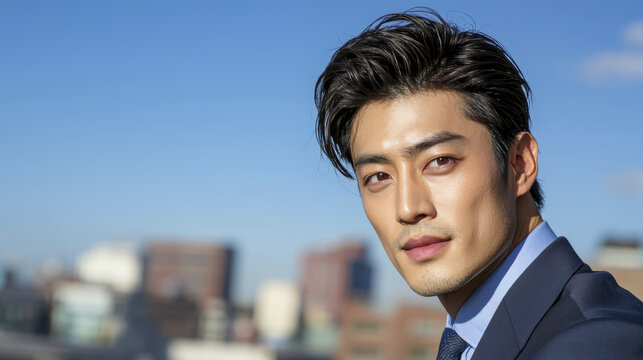 Confident Asian businessman wearing suit with city skyline in background, exuding professionalism and charisma
