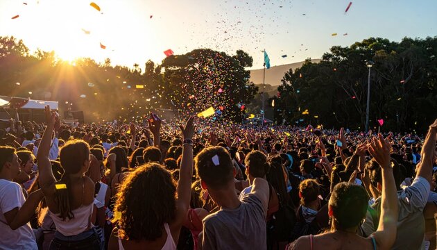 Large crowd celebrating at outdoor festival with confetti and sunlight