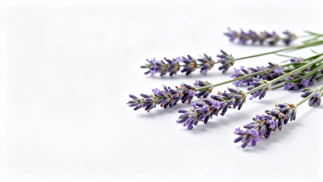 A sprig of lavender with purple flowers and green stems rests on a white background, highlighting its delicate structure and vibrant color.