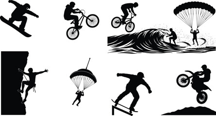 Naklejka premium Extreme sports silhouettes set featuring skateboarding, BMX biking, surfing, parachuting, rock climbing, and motocross action in dynamic adventure lifestyle illustration