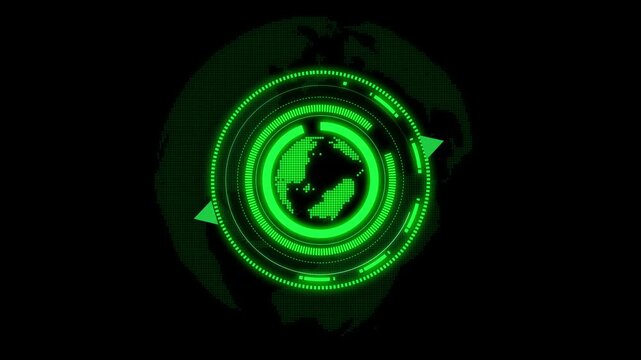 Green digital world map with circular HUD. Green digital world map indicator. Green digital world map for global monitoring and international system tracking visuals art.