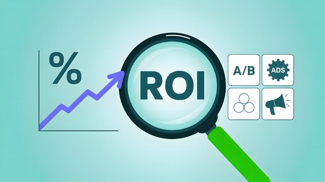 Magnifying glass shows growing ROI graph with A/B testing icons