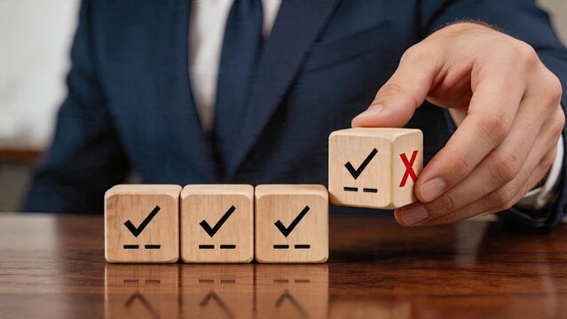 Business man selecting cube with red cross decision making process choosing options risk assessment checking wrong answer evaluating choices for improvement