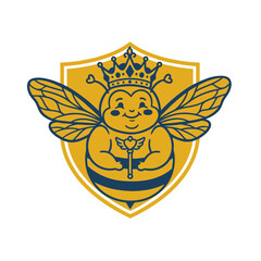 Obraz premium Chubby Queen Bee Logo With Minimalist Crest, Flat 2d Heraldry Style, Clean Vector Paths, 2 Color Design