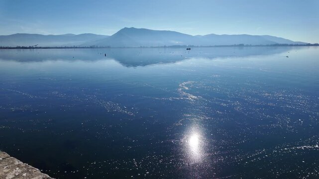 Amazing Panorama of Lake Orestiada around town of Kastoria, Western Macedonia, Greece