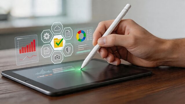 Businessman using digital tablet and stylus interacting with holographic infographic interface financial data visualization chart security cloud storage concept for office work