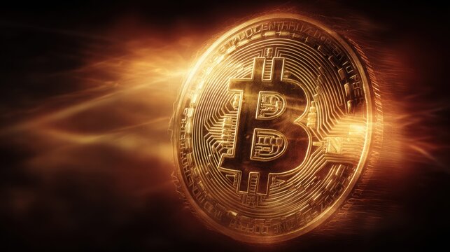 Golden Bitcoin coin, illuminated in a dramatic, glowing light, represents digital currency and financial investment.