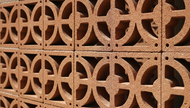 Architectural terracotta breeze block wall texture with geometric shadows