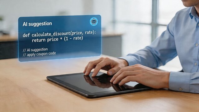 Businessman using tablet futuristic hologram displaying artificial intelligence coding script software development concept machine learning algorithm programming language