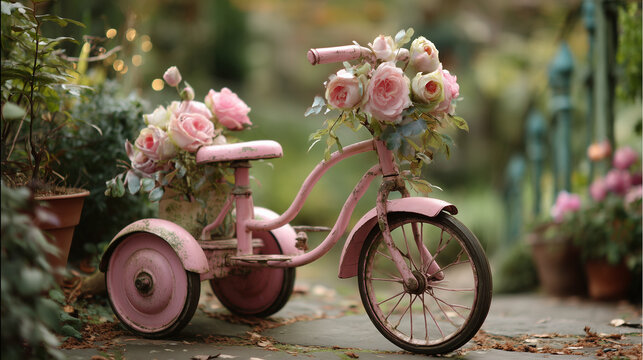 Vintage pink tricycle with roses garden decor photography prop for spring and summer outdoor decoration