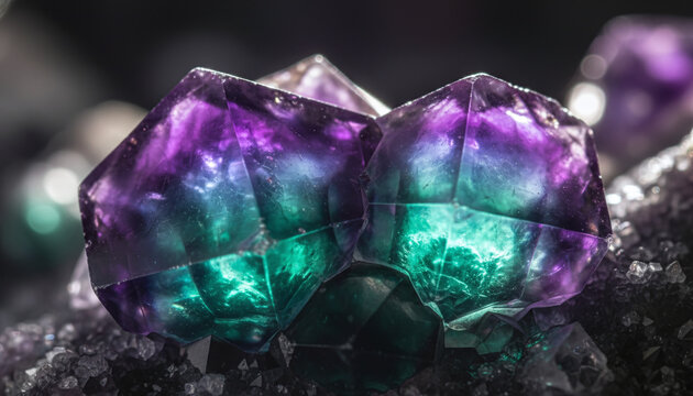 Raw Fluorite gemstone crystals with perfect natural octahedron geometry