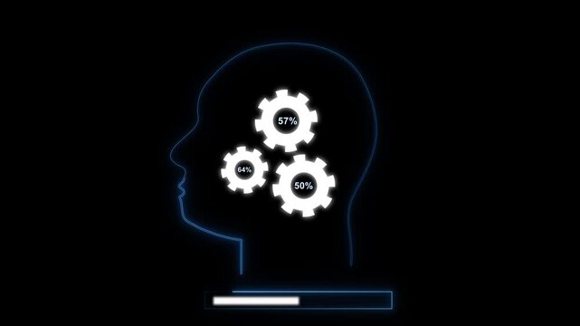 Glowing blue human head silhouette with gears. Glowing blue human head silhouette profile. Glowing blue human head silhouette for mental health and tech innovation visuals.