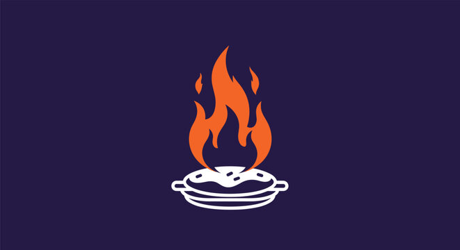 Simple graphic icon featuring a pie in a dish with large orange flames rising from it, representing baking or cooking on high heat.