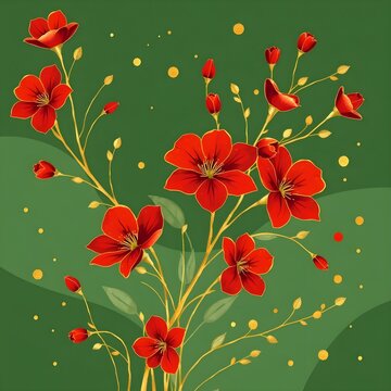 Beautiful red flowers with golden stems and leaves on a green background with golden sparkles for festive greeting cards and decorative design
