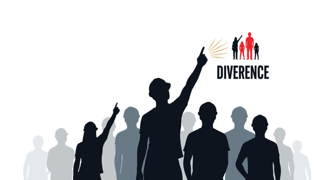 Human silhouettes pointing up towards a red family icon and the text diverence, representing unique social and family perspectives.
