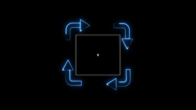 Blue neon arrows forming a square loop. Blue neon arrows square. Blue neon arrows for digital process flow and repeating system cycle conceptual visualizations art.