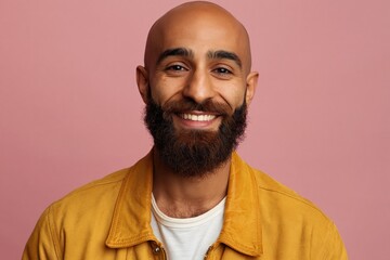 Obraz premium Bearded man smiling warmly in front of pink studio backdrop