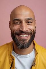 Fototapeta premium Bald man laughing while wearing yellow jacket on pink backdrop