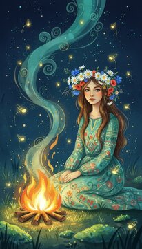 Dark toned night illustration of woman sitting by campfire wearing green floral dress and flower wreath of daisies, cornflowers and poppies in peaceful outdoor nature setting.