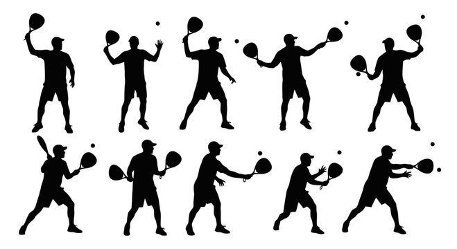 Silhouettes of people playing tennis in various poses.