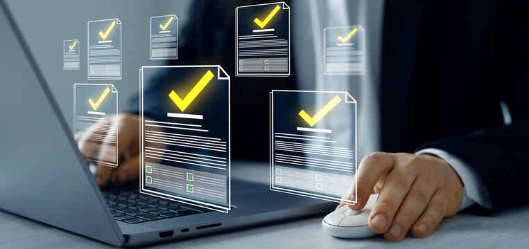 Business person in computer doing online data documentation checklist survey. Productivity document check approval and filling survey form online.Fast checklist,clipboard task business management.	