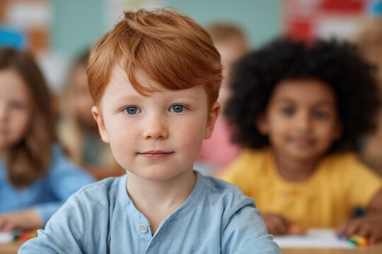 Red haired boy facing camera in elementary classroom scene