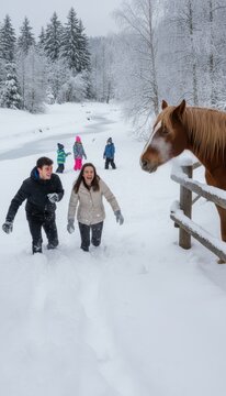 Man and woman walking through deep snow toward a horse while laughing, with children playing and having fun in the background, capturing a joyful winter family moment in a snowy outdoor landscape.