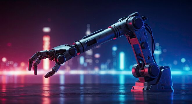 Robotic arm in cityscape at night.