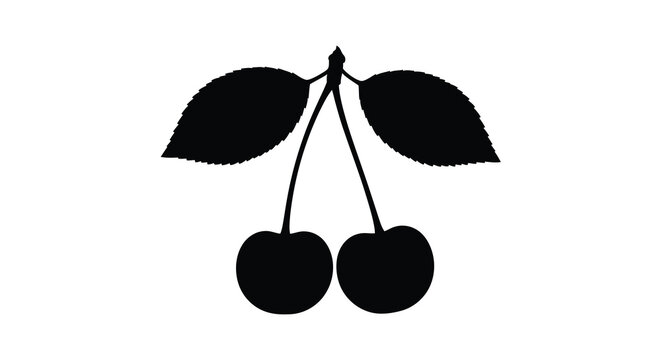Two cherries with leaves black silhouette on a white background