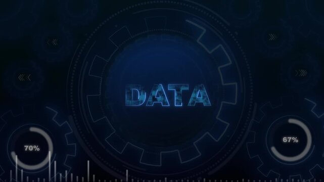 DATA text with textured blue letters within gears. DATA text bar chart. DATA text for information technology and digital storage management conceptual visuals art.