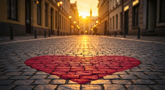 Red heart on city street.