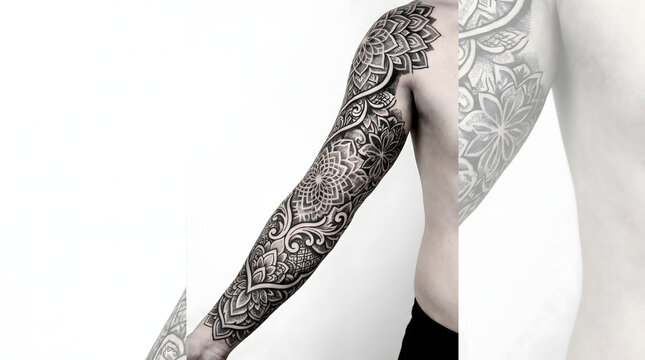 Intricate Black and Grey Mandala Tattoo Design Covering the Full Arm.