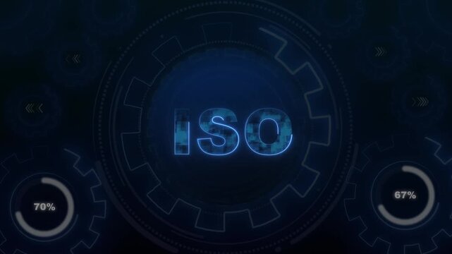 Futuristic digital interface with ISO text. Futuristic digital interface gears. Futuristic digital interface for industry standardization and quality control graphics.