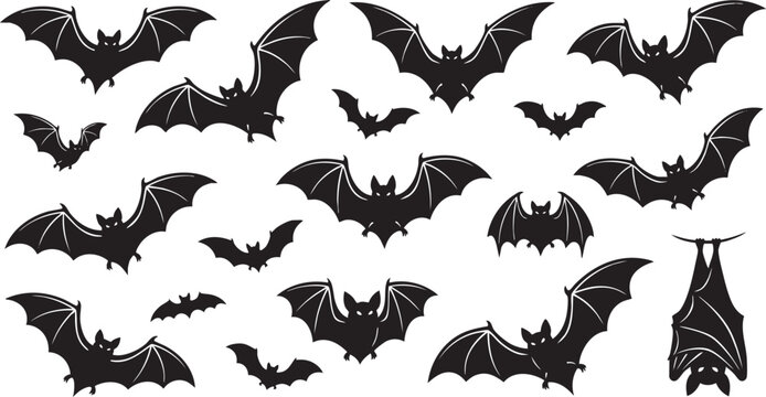 Halloween bat silhouette collection, set of black flying bats, and hanging bat icons for spooky party decor.