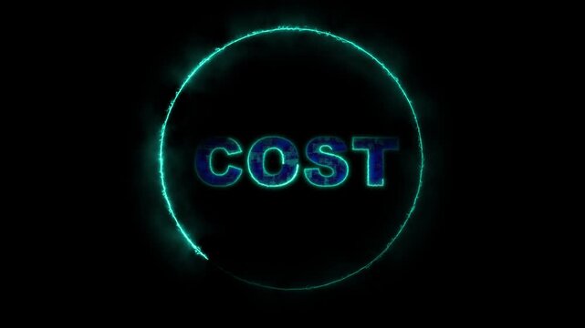 Glowing neon teal word COST inside HUD element. Glowing neon teal word COST. Glowing neon teal word COST for business expense and financial analytics visualizations art.