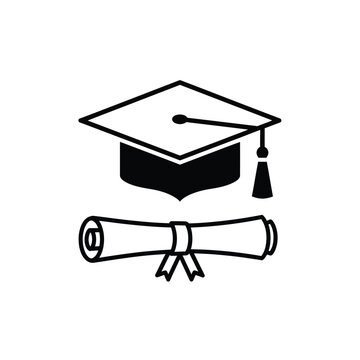 graduation cap and diploma scroll icon black and white line drawing on a transparent background high quality professional detailed modern