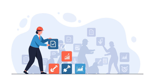Man interacting with graph icons.