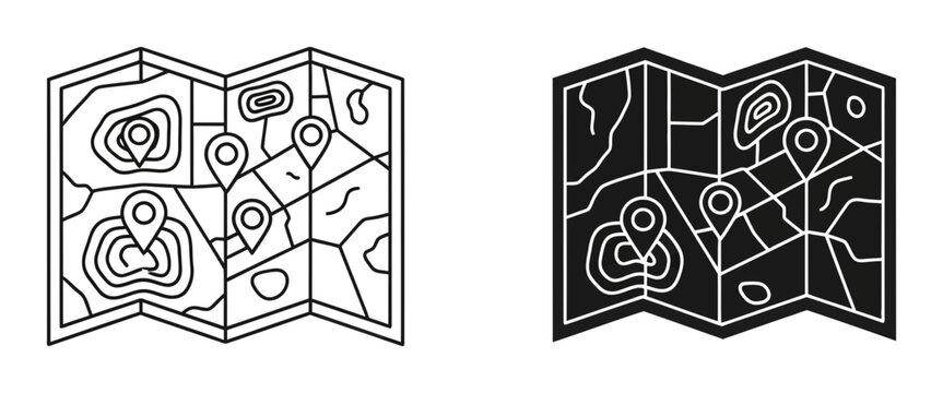 Map icon set with location pins, outline and solid glyph style, white background, vector Illustration